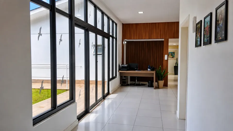 Corredor da Nova Belluno com janelões voltados para a área verde