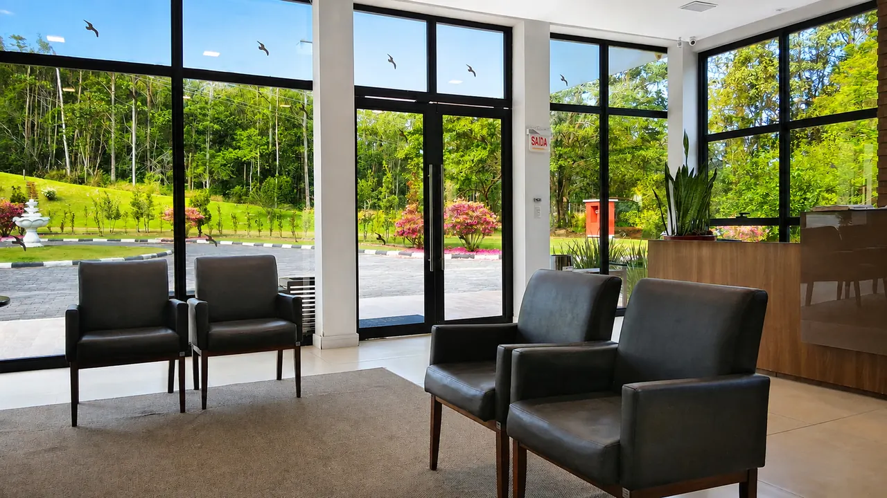Sala de espera da Nova Belluno com janelões voltados para a área verde