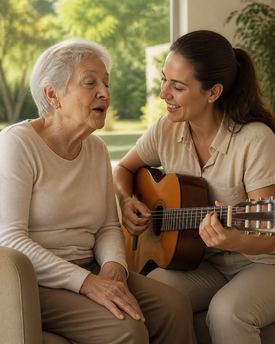 Pessoa idosa cantando durante uma atividade musical com violão