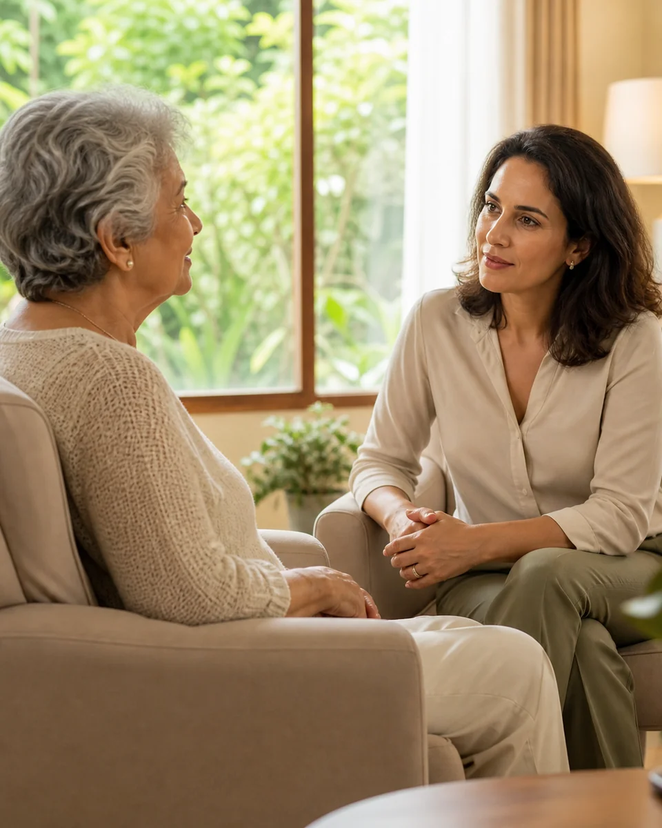 Profissional em uma conversa acolhedora com uma pessoa idosa